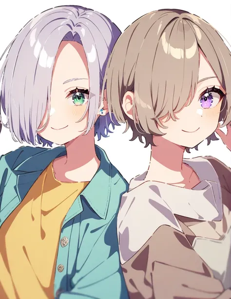 Silver Hair、Very short hair、Hair covering one eye、Odd Eye、Right eye is deep blue、Left eye is blue-green、Casual clothing、Smiling、Androgynous appearance