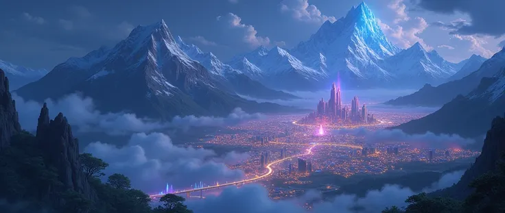 detailed fantasy RPG cover, a fantasy world with mountains, glowing magical cities, night scenery, low lighting, dramatic lighting, vibrant colors, cinematic composition, digital painting, anime-style characters, highly detailed, 8k, photorealistic, master...