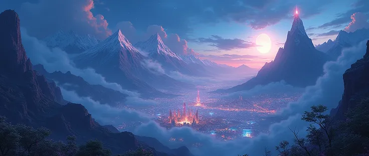 detailed fantasy RPG cover, a fantasy world with mountains, glowing magical cities, night scenery, low lighting, dramatic lighting, vibrant colors, cinematic composition, digital painting, anime-style characters, highly detailed, 8k, photorealistic, master...