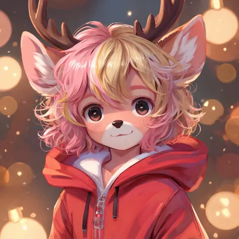 A cute light pink deer, anthropomorphic deer, child, pink fur, blond highlights on hair, deer ears on top of his head, small deer antlers, small deer tail, baby boy, wearing a cute little red onesie, red and black eyes, solo, short hair, curly hair, pink h...