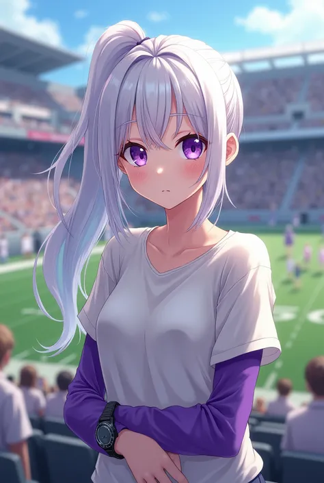 white hair、Purple Eyes、Single ponytail、Girl、High school student、baseball、Light-colored tops、Purple long sleeve underwear、watch football game