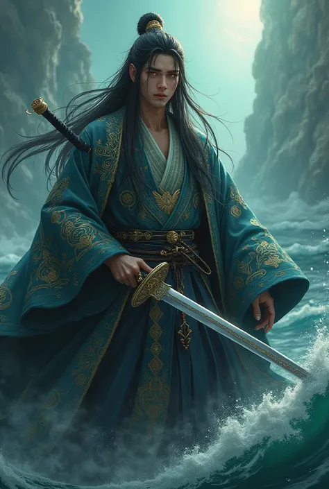 **leviathan**: A character with the appearance of a human man with long, straight hair and golden eyes. . She wears a kimono with symbols related to the sin of envy., He uses a katana with luxurious details and his attack is based on aquatic techniques..