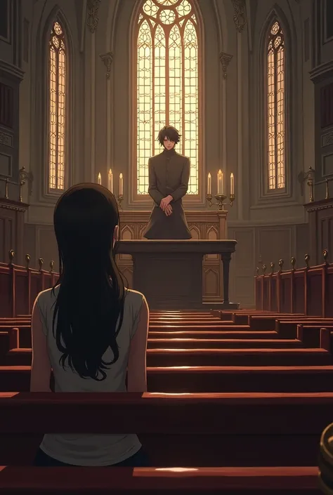 Girl sitting in pews watching her tall dark haired guy at the altar playing piano 