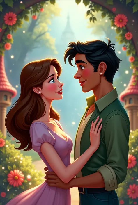 A woman with medium brown hair and white skin with a man with black hair and brown skin, Disney style 