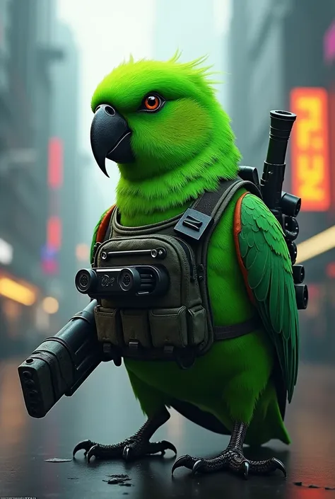 Draw a green parakeet bird with weapons similar to the weapons in the free fire game
