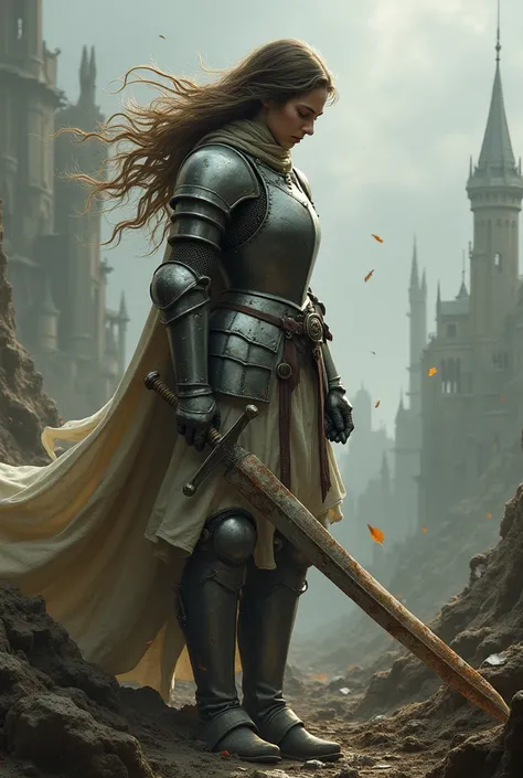 a female knight wearing battle armor holding a worn, dirty sword bowed sadly, hair blowing in the wind, regret, many troops lay sick, war, end of world chaos, the era of fairy tale kingdoms in the outer lands