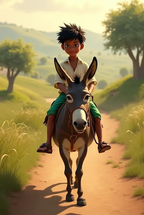 A boy in a dark-skinned outfit with a white shirt, green shorts and sandals riding a donkey.