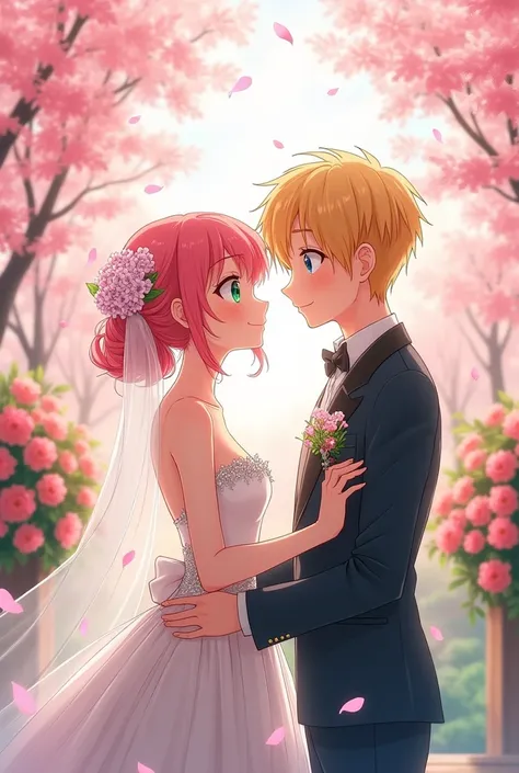 A 25 year old anime girl with green eyes and pink hair marrying a 2 anime man with blue eyes and yellow hair among cherry blossom trees 