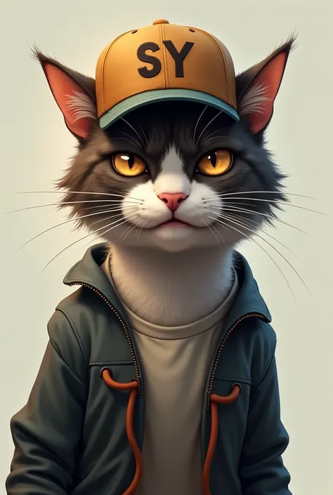 Angry cat with clothes, cap and on the cap say SY on the front 