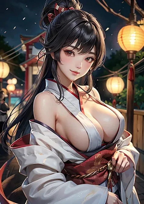 backgroundに日本の神社を描き、その手前にLarge Breastsを持つ妖艶な戦国時代の30代の踊り巫女を描いてください。 
detailed: 1. ((Large Breasts:1.2)),Shrine maidens in the Sengoku period: 

•performance: Elegant and smiling。 
• Hairstyle: ゴージャスなhairpinを使った伝統的な日本のヘアスタイル（hairpin）put in、Wearing gorgeous h...