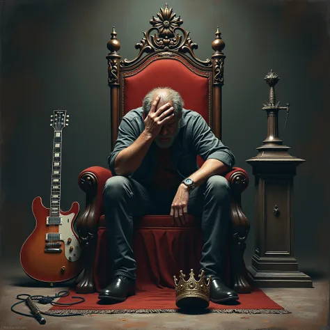 A rock music cover where there is a king sitting on his throne with his head down holding a microphone that is on the floor and with the other hand holding the crown that is on his head On one side of the throne there is a guitar and on the other a pedesta...