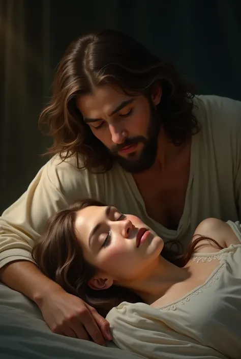 Une    qui dorme et jesus le regarde de haut 