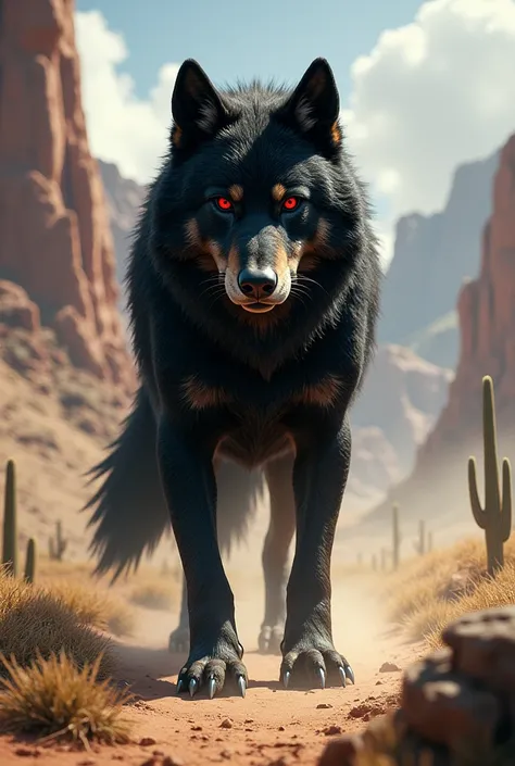 a black wolf with red eyes, and the wolf is standing on all fours. The character should be styled in a fantasy RPG art style, set in the Wild West.