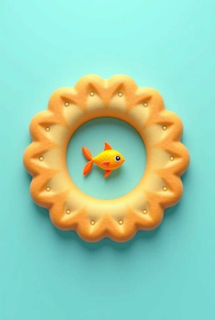 Make me a round animated cookie with a little fish in the center that is animated,that is eye-catching for children, make the background a single color that is light blue, without plates, table, just the cookie, bright colors 