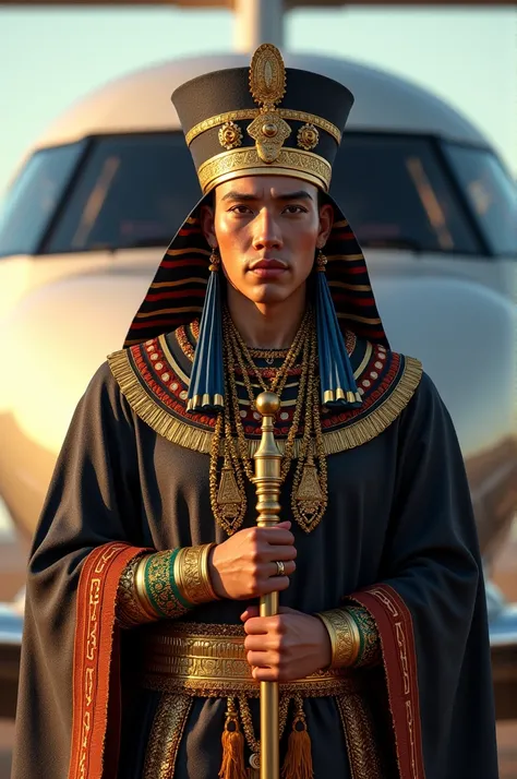 Create a realistic photo of a pharaoh dressed in traditional Javanese clothing with a private jet plane background