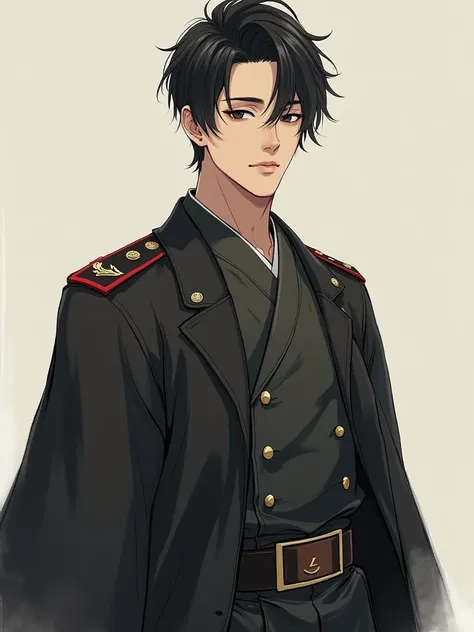 Japanese,25-30 years old, he is a solider，put on soilder uniform，Handsome and elegant,  fair skin, black eyes（thin eyes 1：3), (Super detailed, Realistic, best quality, 4K, 8k, High resolution, masterpiece:1.3), 