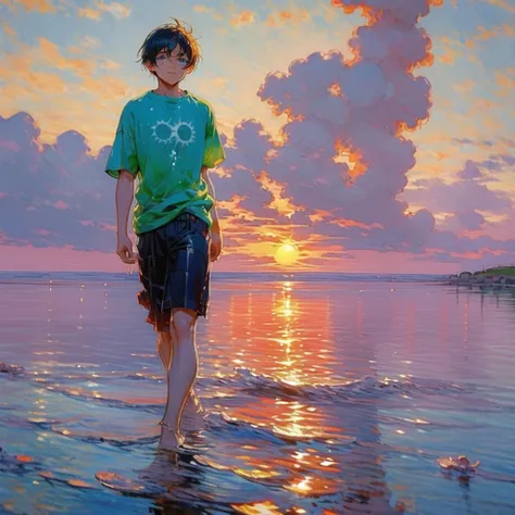 boy,walking in water,blue eye,sun set,sun bright,crying ,green t-shirt,