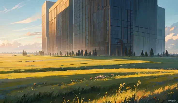 The grassland stretches as far as the eye can see. , In the distance is a large wall 30 meters high. , There are many big and small trees along the roadside. , Attack on titan