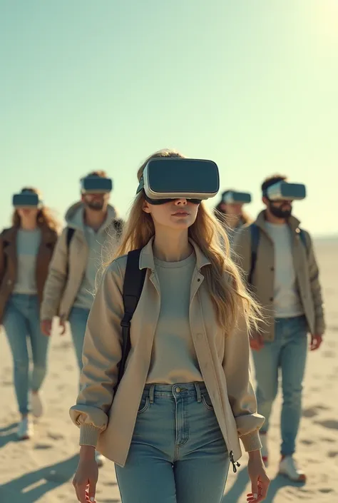 (photorealism:1.2),  A young woman with virtual reality glasses walking in the air. Behind her are more people of different ages with virtual reality glasses walking in the air. 