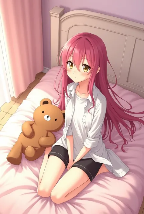 A 1 anime girl, sitting on her bed, brown bear stuffed animal in his bed, Pink House, wooden floor, at daytime. mide 170 cm, its measures: B 80, At 35, H 90; She has long fuchsia hair with long bangs on her face, His eyes are golden, He has a thoughtful ex...