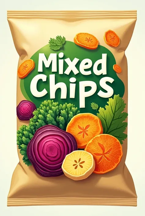 Logo for a healthy snack for teenagers called "mixed vegetable chips" which are vegetables like beets, table, sweet potato, father, Dehydrated banana and carrot of many colors. The logo must include the name of the product and the image of the dehydrated c...