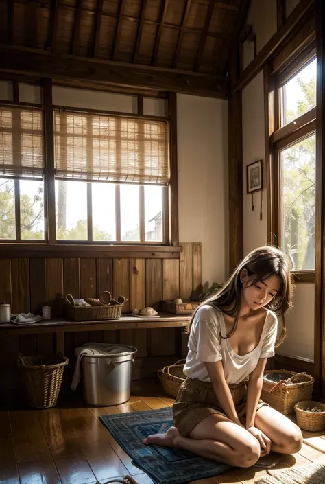 A scene inside a simple wooden house. Ayu is sitting on the floor, diligently working on her school assignments. In the corner of the room, her mother is seen weaving cloth while her father cleans farming tools. Long Hair, Brown Hair,, High Resolution, 1gi...