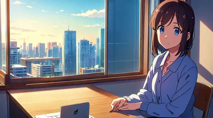 A small study room with a city pop anime style, featuring a large window with a view of nature. A table is placed by the window, with a laptop on it. A girl is studying alone. High resolution, high quality, best quality, high definition, advanced details, ...