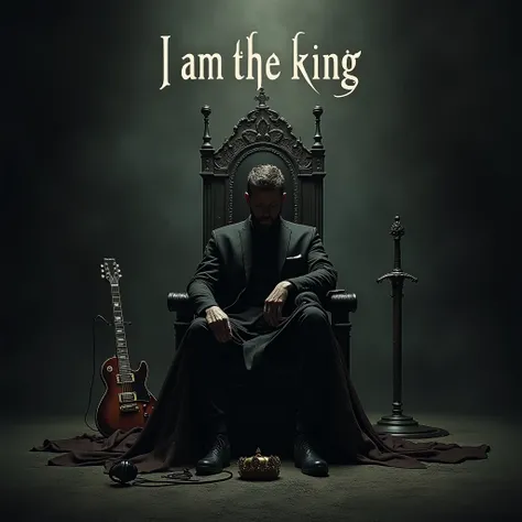 A rock music cover where there is a king sitting on his throne with his head down holding a microphone that is on the floor and with the other hand holding the crown that is on his head On one side of the throne there is a guitar and on the other a pedesta...