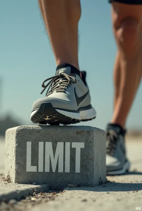 Block with the word "Limit" is  split in half as its stepped by a runner. Highlight the shoe