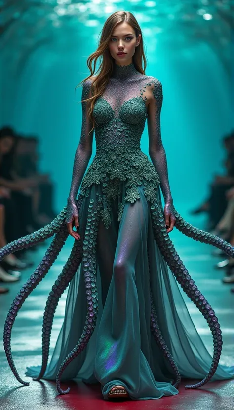 (Best quality, 8K, A high resolution, Masterpiece:1.2, DSLR, 16k ), Ultra-detailed, (Realistic, Photorealistic, photo-realistic:1.37), Imagine a high-fashion runway show in Paris featuring a model with a captivating blend of 65% octopus and 35% human chara...