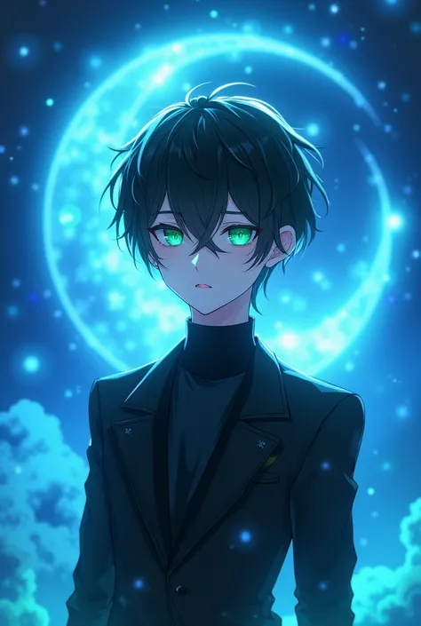 An anime boy, by the celestial blue, with green eyes and elegant black clothes