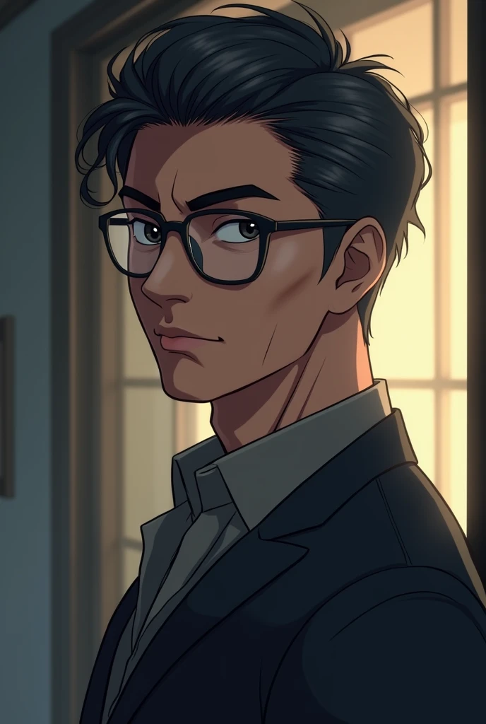 Handsome Middle aged man with black little graying hair and wears glasses anime