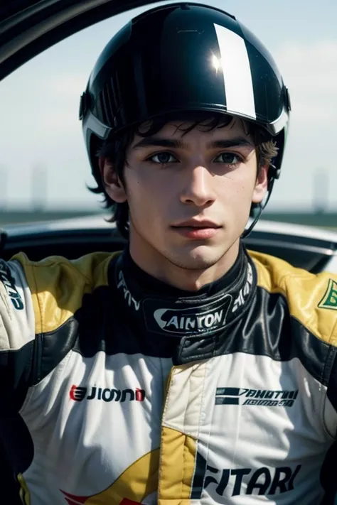 image of brazilian formula 1 driver airton senna in his standard racing uniform holding his helmet between his body and his arm.