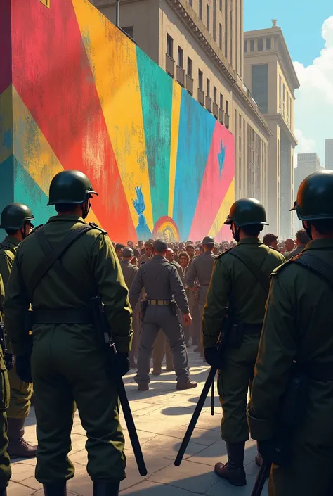 Soldiers arrive to cover the mural, but they find themselves confronted by a crowd that protects the work. As pessoas, inspired by painting, rise peacefully, united by the power of art.*