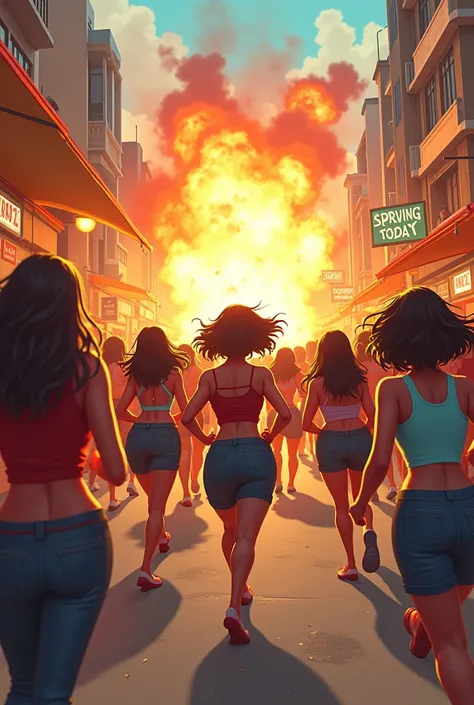 Cartoon picture of bomb explosion in market and many busty women running away. all are busty women. 
