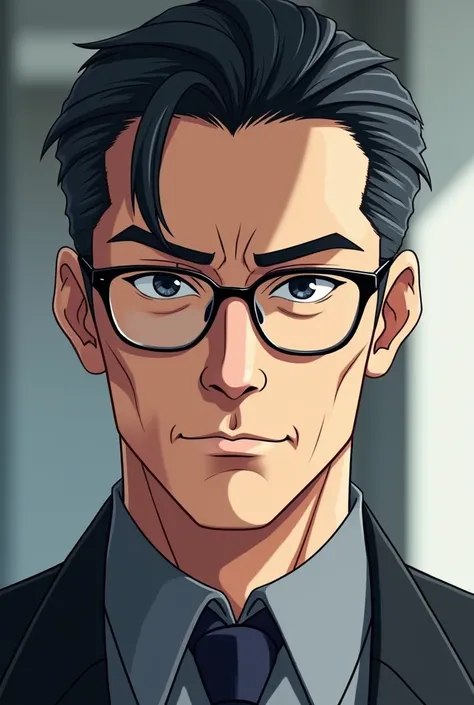 Handsome Middle aged man with slick back black little graying hair and wears glasses anime