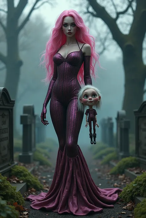 Beautiful image of a beautiful pink-haired woman in full body costume from the movie Beetlejuice,  Beetlejuice and the little head character from the movie Beetlejuice, in a cemetery, in high definition 4k, real and very clear