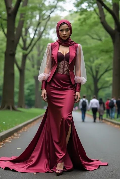 a woman in the mermaid long train high slit silk skirt,wear peplum blazer with transparent puff sleeve, wear corset, wear modern hijab, full body, long satin, 6 meter long satin mermaid tight long skirt, flowy dramatic five meter long train skirt, tall wom...