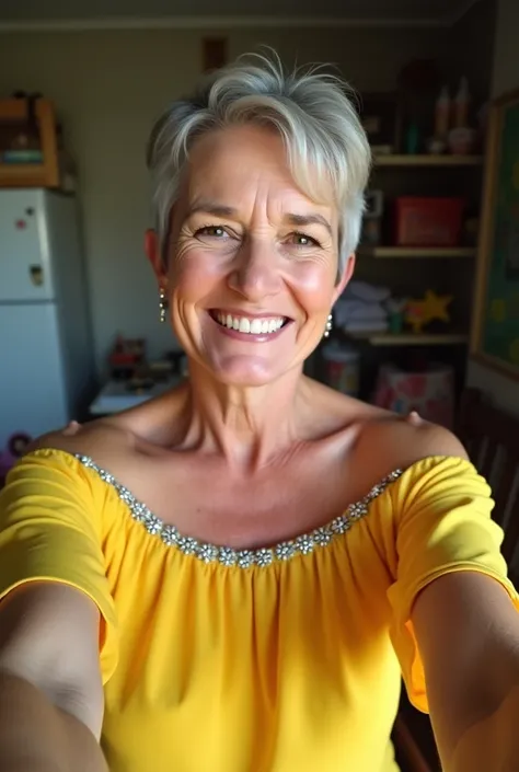 A woman in her fifties, Relatively poor,wearing a yellow off-the-shoulder dress with silver beaded embellishments on the neckline, short hair, sitting at home taking selfie photos, showing her face and upper body