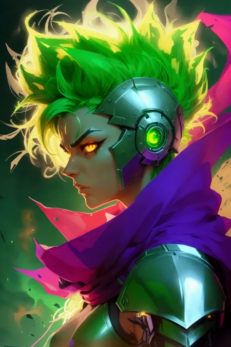 A stern-looking humanoid figure with glowing yellow eyes, green spiky hair, metallic headgear, and a long scarf, a determined and formidable expression on their face. Digital illustration with intricate linework and cel-shading creating a vibrant comic boo...