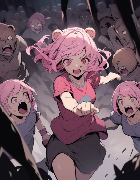 girl　Pink Hair　Short Bob　Wavy Hair　Bear ears　One person　Being chased by a horde of zombies