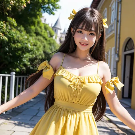 laughing out loud，1 female, 2，（Yellow bows on both sides of the spaghetti straps），yellow dress，Outside the castle，light brown hair, blunt bangs, hair behind ears, Shoulder length hair, long hair, Braided hair for a slender figure，超face slimming型, face slim...