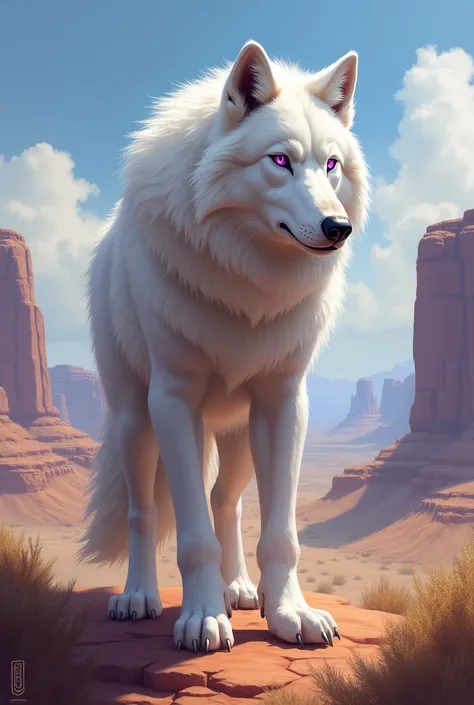 a white wolf with purple eyes, and the wolf is standing on all fours. The character should be styled in a fantasy RPG art style, set in the Wild West.