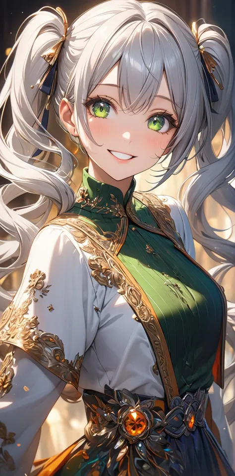 Ultra high resolution, rich colors, perfect image, top quality, detailed image, beautiful woman, glowing skin, skin and clothing texture, delicate eyes, gorgeous outfit, happy expression, silver hair twin tails, green eyes