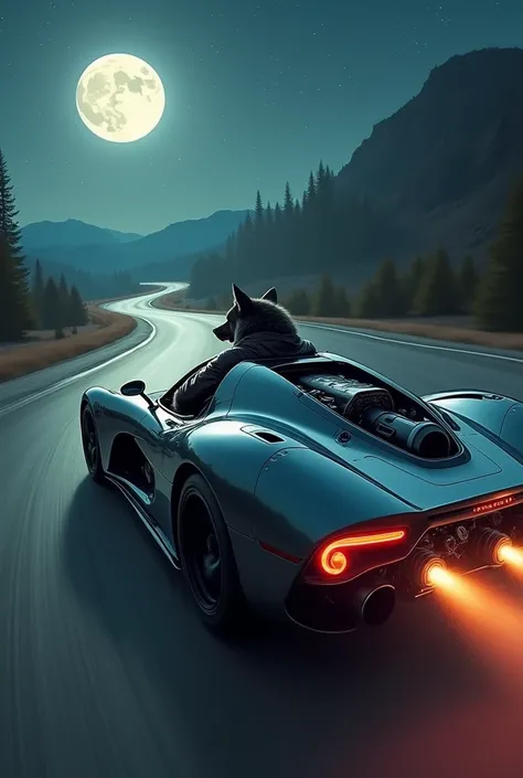 werewolf driving a high-powered super car at high speed, wearing a leather jacket, road scenery, full moon night and starry sky, high definition, 8k, 4k, cinematic werewolf! detailed engine! 