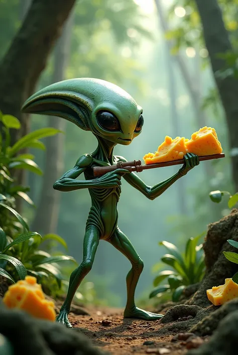 Alien aiming a slingshot in the jungle, the slingshot ammunition is pieces of cheese