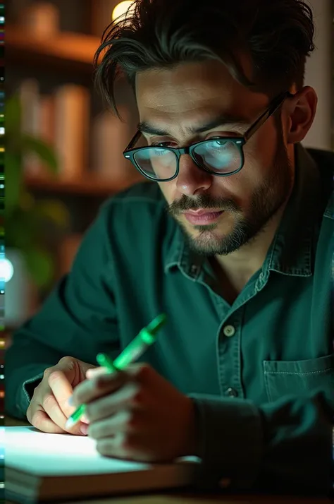 A guy using a notebook with XL SCRIPTER written on it in light green