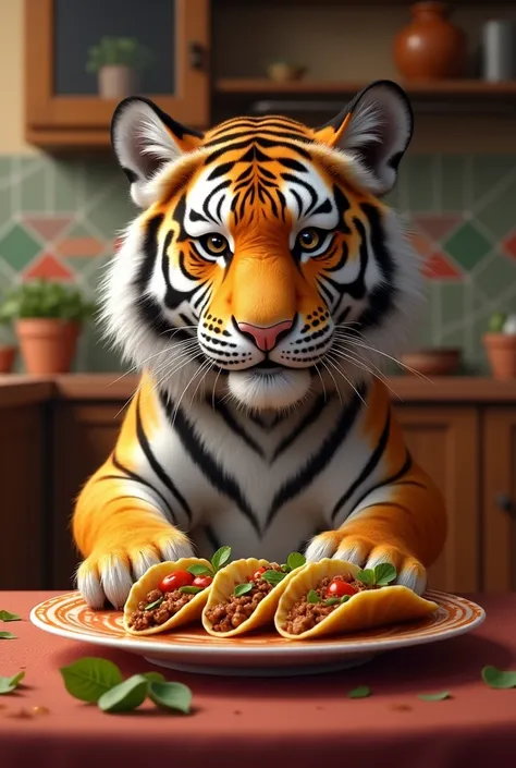 Realistic and friendly tiger eating Mexican stew tacos 
