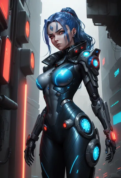 A futuristic female cyborg character with striking blue and red glowing eyes, dark flowing hair like tendrils, and synthetic metal plating covering parts of her pale skin. Her expression is intense and focused. [Image detail: close-up view from slightly be...