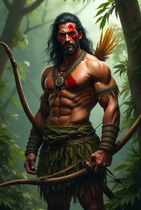 An Indian aiming a bow and arrow, he has red paint on one side of his face and is shirtless, is only dressed in leaves at the bottom, has a strong body and is in a jungle